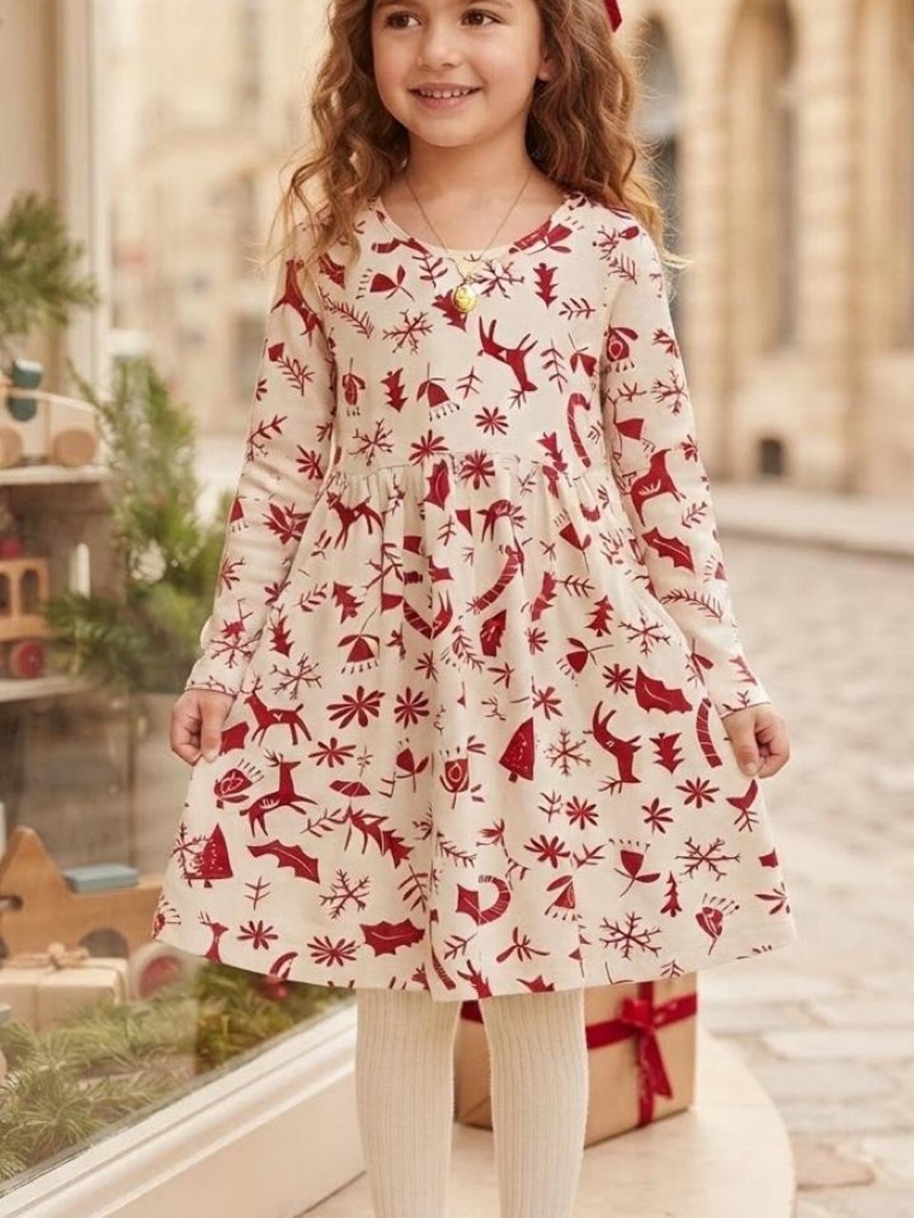 Hanna Andersson Cream and Red Holiday Print Long-Sleeve Dress size 10